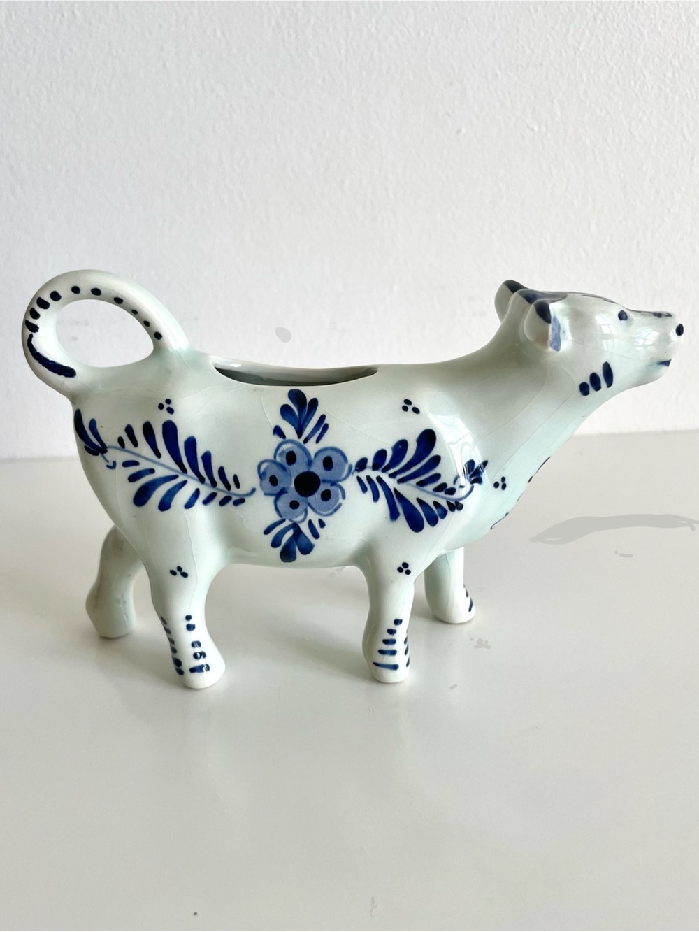Vintage Delft Blue Hand-Painted Cow Creamer, 6.5”